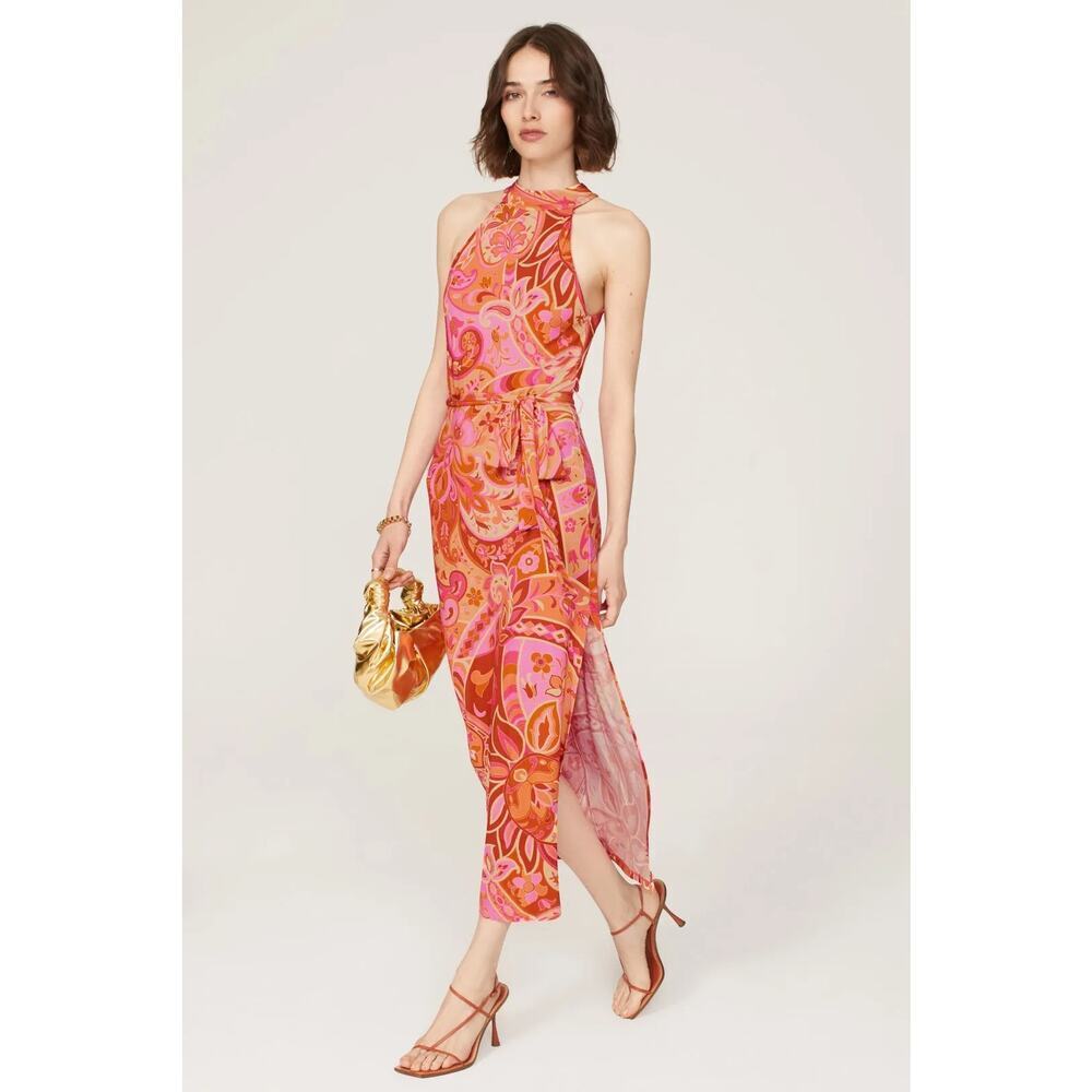 Rixo Celeste Dress Floral Paisley Sleeveless Halter Neck Maxi Orange Pink Medium